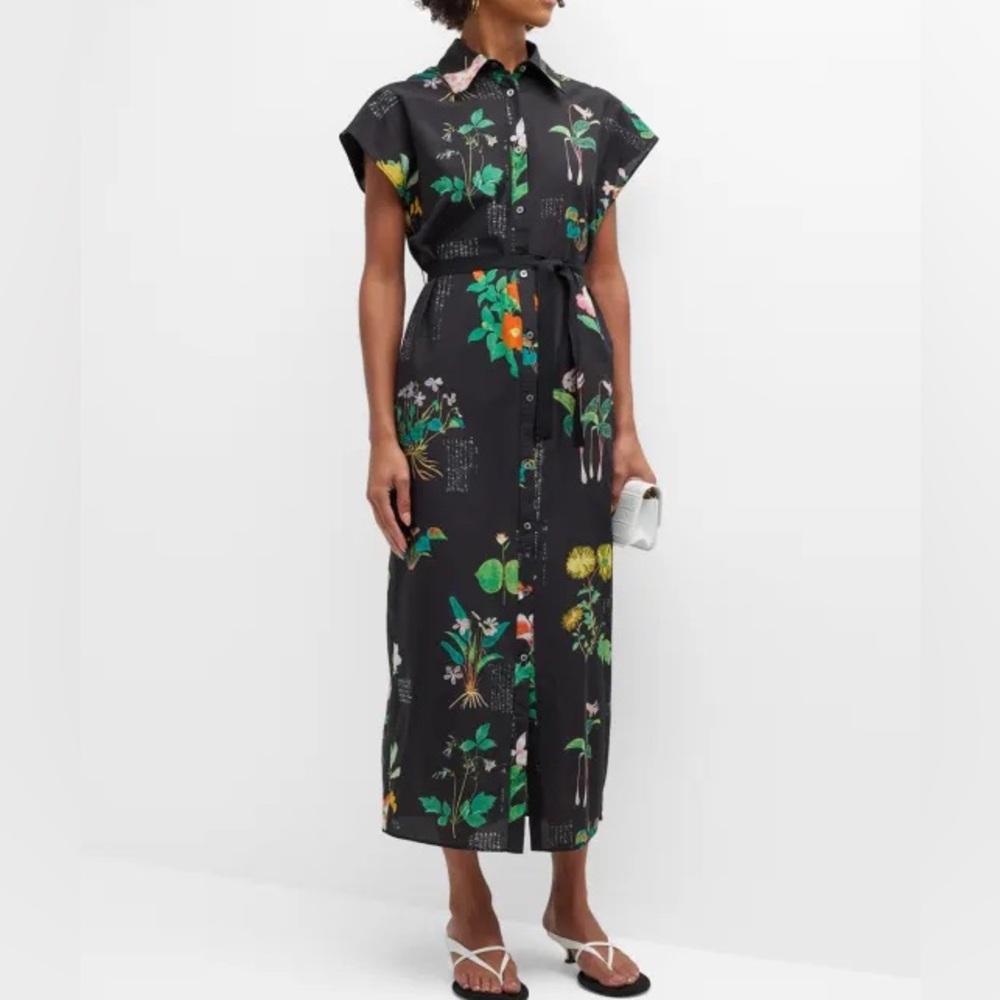 Adam Lippes Garden Floral Midi Shirt Dress in Black/Multi -Size Medium (no belt) - Picture 1 of 10